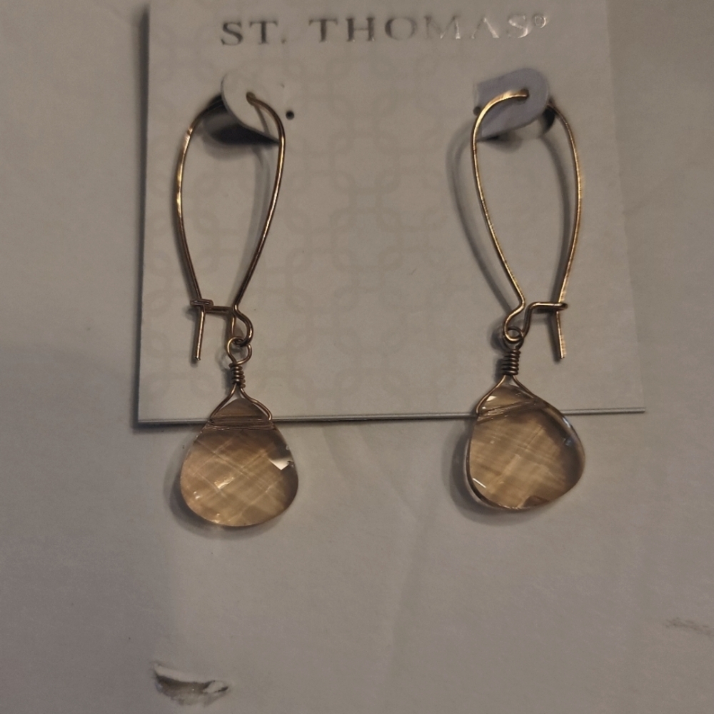 St. Thomas Champagne Color Teardrop Fauceted Glass Dangle Earrings